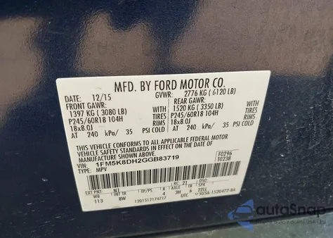 2016 Ford Explorer Xlt z USA, uszkodzony, nr VIN 1FM5K8DH2GGB83719